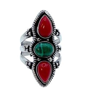 925 Sterling Silver-Red Coral Malachite Gemstone Ring.  Size 6